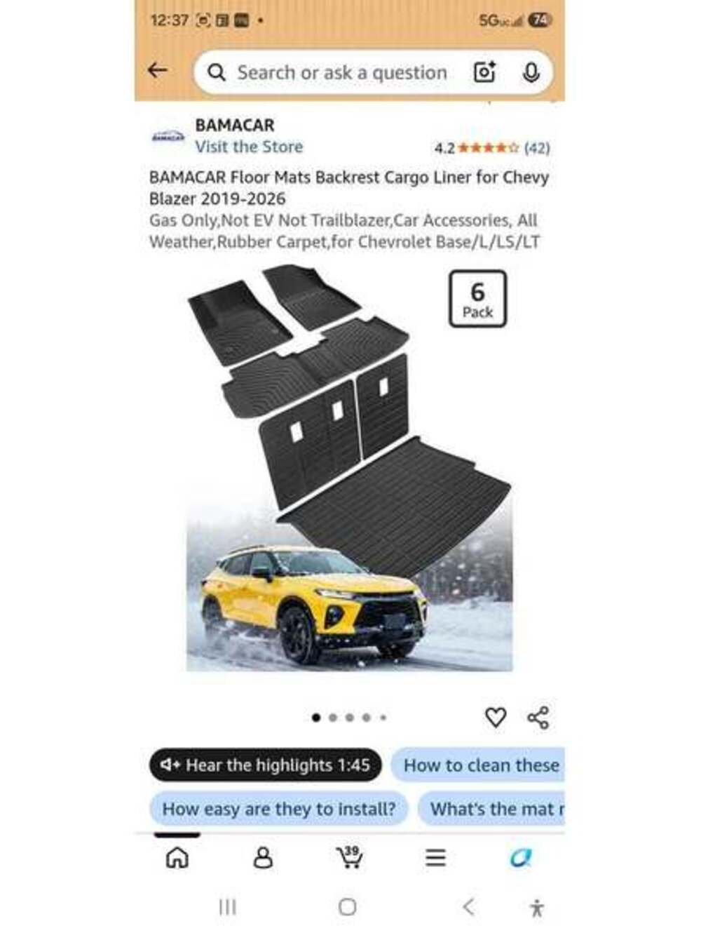 BAMACAR Floor Mats Backrest Cargo Liner for Chevy Blazer 2019-2026